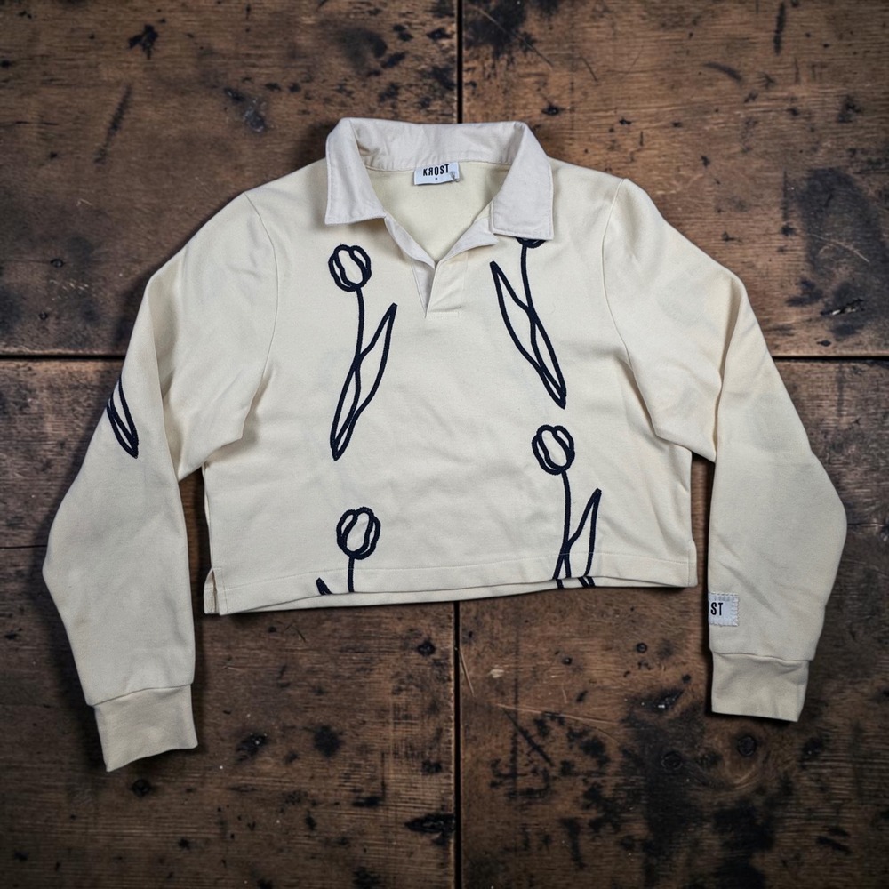 KROST Cropped Rugby Shirt Floral Tulip Graphic Long Sleeve Women Cream Size M